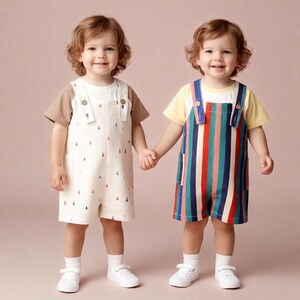 May include: Two young children wearing matching white sneakers. One child wears a white romper with a brown t-shirt and a raindrop pattern. The other child wears a yellow t-shirt and a striped romper with red, blue, and green stripes.