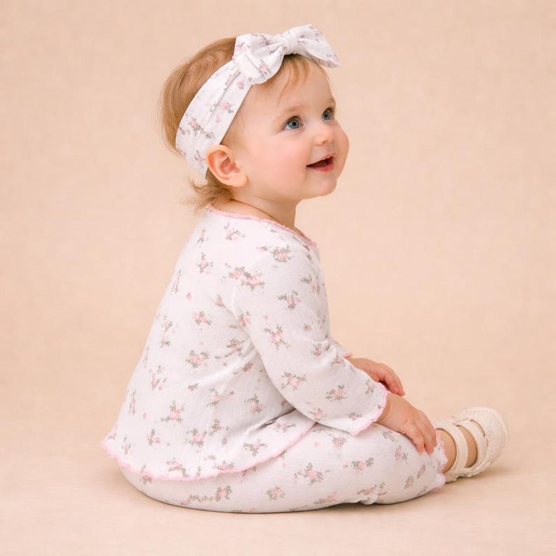 Conjunto de pijama infantil de canalé con estampado floral y diadema – Camiseta de manga larga y pantalón de algodón suave imagen 3
