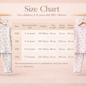 Puede incluir: Tabla de tallas de pijamas para ni&ntilde;os, con medidas en cent&iacute;metros. La tabla incluye tallas 100-130, para ni&ntilde;os de 3-8 a&ntilde;os. Los pijamas son blancos con un estampado floral y ribete azul. La tabla incluye la longitud de la parte superior, el ancho del pecho y la longitud del pantal&oacute;n.