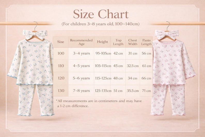 Puede incluir: Tabla de tallas de pijamas para ni&ntilde;os, con medidas en cent&iacute;metros. La tabla incluye tallas 100-130, para ni&ntilde;os de 3-8 a&ntilde;os. Los pijamas son blancos con un estampado floral y ribete azul. La tabla incluye la longitud de la parte superior, el ancho del pecho y la longitud del pantal&oacute;n.