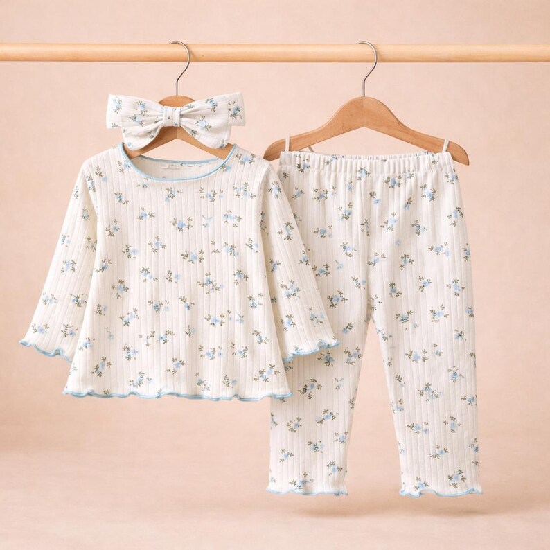 Puede incluir: Un conjunto de pijama color crema con un estampado floral y una diadema a juego. La parte superior de manga larga y los pantalones tienen un ribete azul y cuelgan de una percha de madera. El conjunto est&aacute; hecho de tela acanalada.