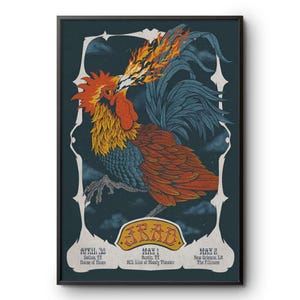 Puede incluir: Impresión artística enmarcada que presenta un gallo colorido exhalando llamas. El gallo está representado con plumas naranjas, amarillas y azules sobre un fondo azul oscuro. La impresión incluye el nombre de la banda "JRAB" y fechas de la gira.