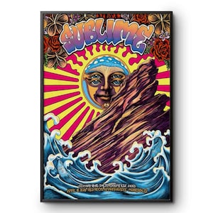May include: A framed poster featuring the band Sublime. The artwork includes a psychedelic sun with a face, a rock formation, and ocean waves. The poster has the band's name in colorful lettering and text at the bottom.