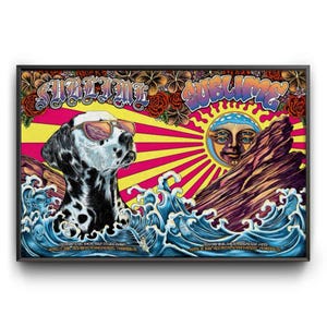 May include: A framed poster featuring a Dalmatian dog wearing sunglasses, emerging from blue waves. The poster has the word "Sublime" in a stylized font, with a sun and rock formation in the background. Floral elements and text are also present.