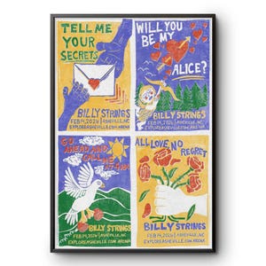 Könnte beinhalten: Ein gerahmtes Poster mit vier farbenfrohen Tafeln. Jede Tafel zeigt Text und Illustrationen, darunter eine Hand, die einen Umschlag hält, einen Amor, eine Taube und einen Rosenstrauß. Der Text enthält "Billy Strings" und Veranstaltungsdetails.