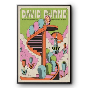 以下が含まれることがあります： レトロなデザインのフレーム入りポスター。緑とオレンジの配色で「DAVID BYRNE」の文字が描かれています。スタイリッシュな人物、らせん階段、風車、日付「FEBRUARY 15 - 16 - 2026」が含まれています。