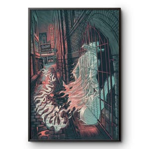 Puede incluir: Una impresión artística enmarcada representa una figura espectral con abrigo largo y sombrero, sosteniendo un instrumento musical, caminando por un callejón oscuro. La impresión presenta el texto "Ryman Auditorium" y "Nashville" en un estilo vintage, con una estela de humo.