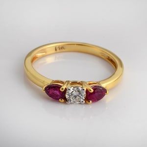 Ruby Diamond Ring 14K Gold, July Birthstone Ring, Three Stone Ruby Ring, Anniversary Gift for Her, Natural Ruby Jewelry