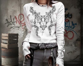 Gothic Grunge Long Sleeve Shirt Y2K Aesthetic Top Vintage Goth Blouse Edgy Graphic Tee Alt Fashion Women Streetwear