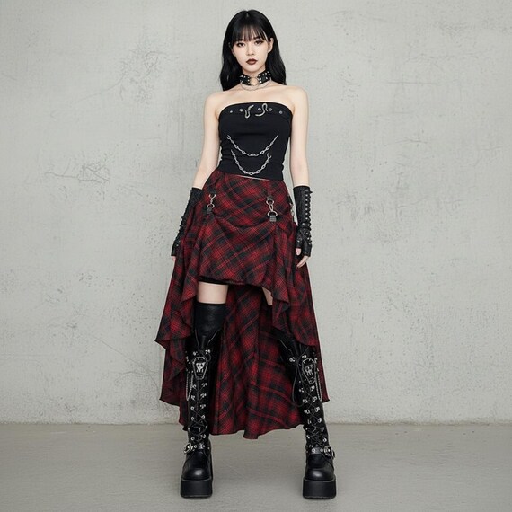 Goth Plaid High Low Skirt Outfit | Punk Grunge Kilt Style Skirt | Alternative Gothic Streetwear | Dark Academia Look