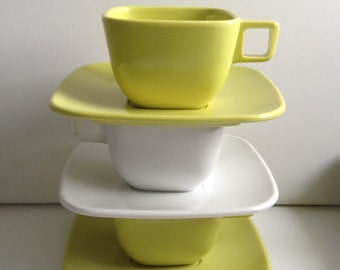 3 Brookpark Melmac Cup & Saucer Sets.  Vintage 1950.  Lime Green and White.  Modern, Mid century.  6 piece, Plastic.