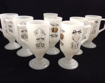 Eight Milk Glass Pedestal Coffee Mugs.  Eyewear designs.  Vintage 1960, Mid century modern, Danish Modern, Eames era.