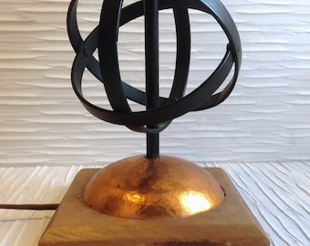 Atomic 50's Orb lamp & Fiberglass Shade.  Black Metal Orb atop Copper.  Mid century modern, Danish Modern, Eames era.  Vintage 1950.