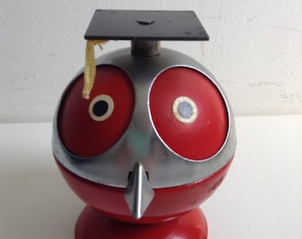 RARE Owl Metal Ashtray.  Vintage 1960's.  Cigarette Table Ashtray.  Red, Silver and Black.  Kitch, Mid Century, Eames Era.