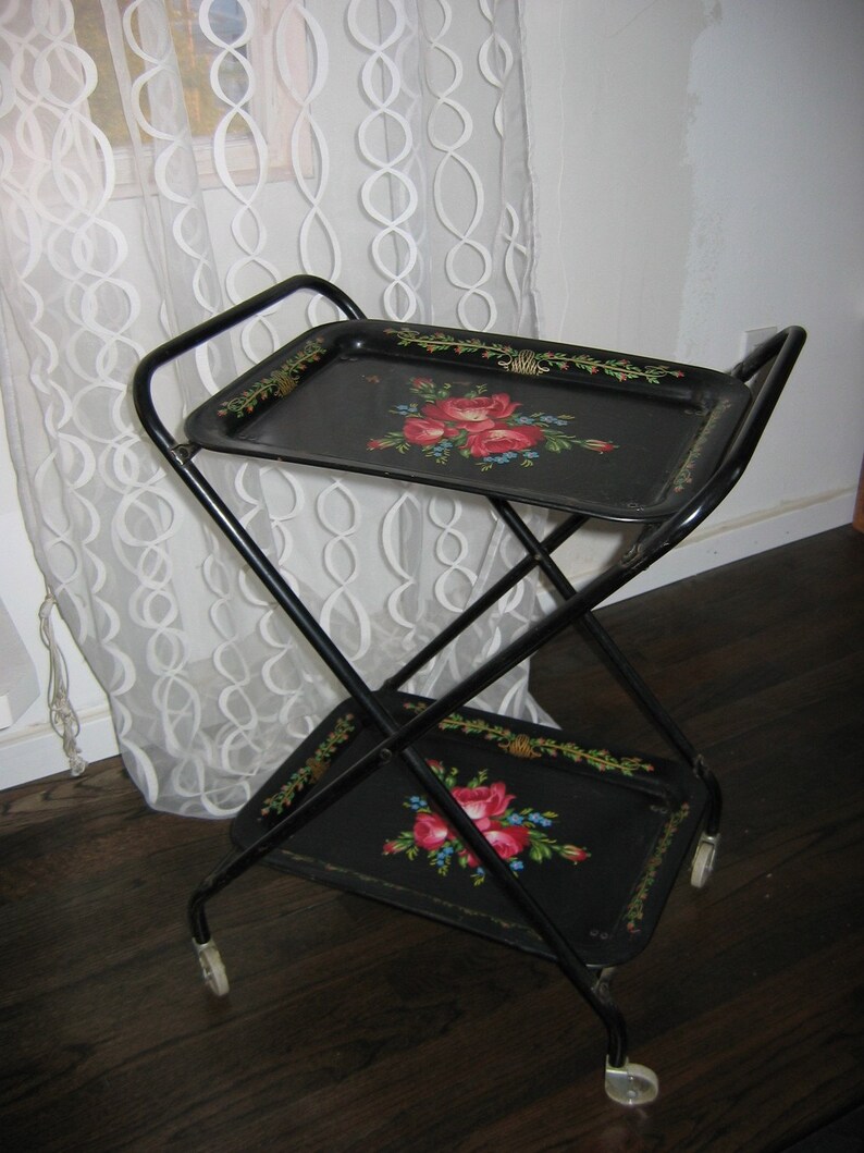 Vintage Metal TV Tray Serving Cart. Black with floral. Mid Etsy