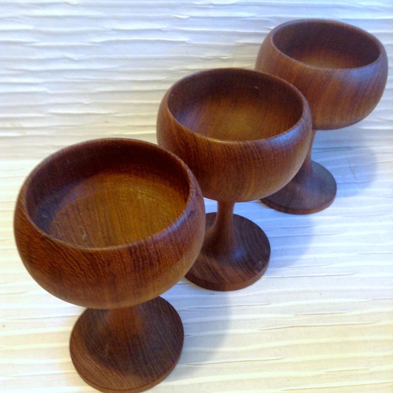 Eames ERA. Vintage Mid Century Scandinavian Modern Set of 3 Danish Modern Teak Hand turned Goblets