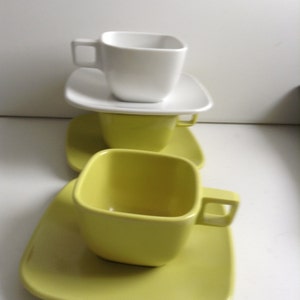 3 Brookpark Melmac Cup & Saucer Sets. Vintage 1950. Lime Green and White. Modern, Mid century. 6 piece, Plastic. image 2