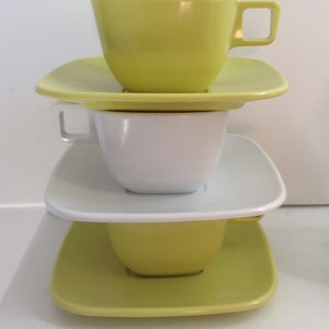 3 Brookpark Melmac Cup & Saucer Sets. Vintage 1950. Lime Green and White. Modern, Mid century. 6 piece, Plastic. image 3