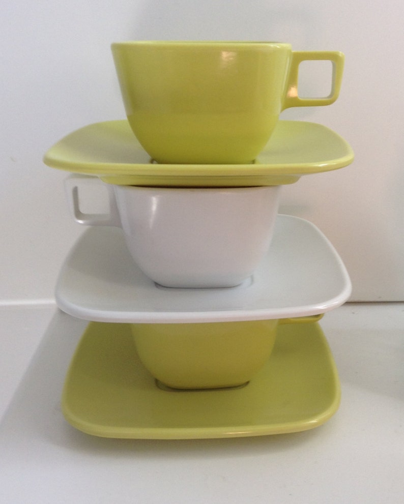 3 Brookpark Melmac Cup & Saucer Sets. Vintage 1950. Lime Green and White. Modern, Mid century. 6 piece, Plastic. image 3