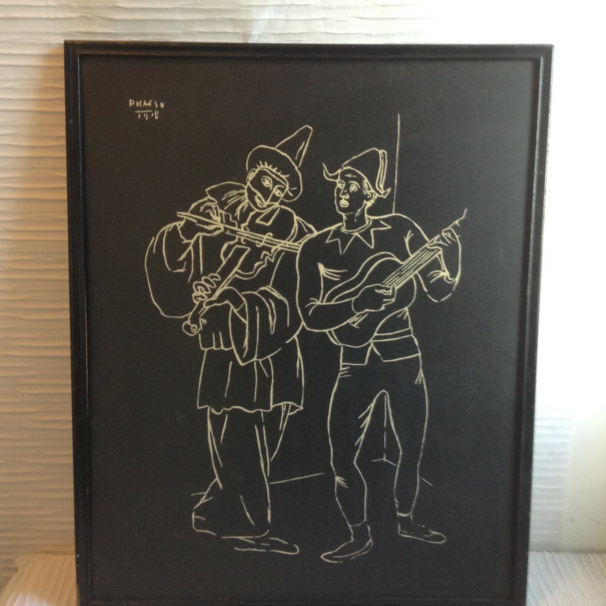 Eames Era Framed vintage 1950 Picasso White Lithograph on Black Board Mid Century Modern. Art print by Pablo Picasso