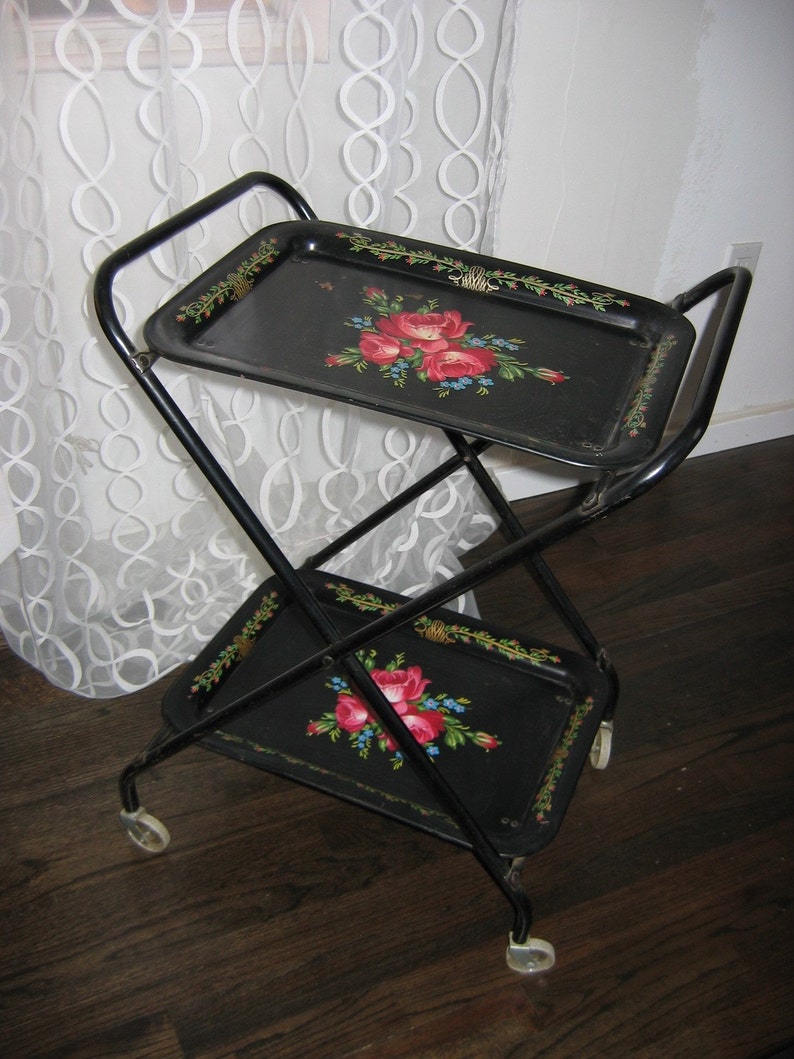 Vintage Metal TV Tray Serving Cart. Black with floral. Mid Etsy