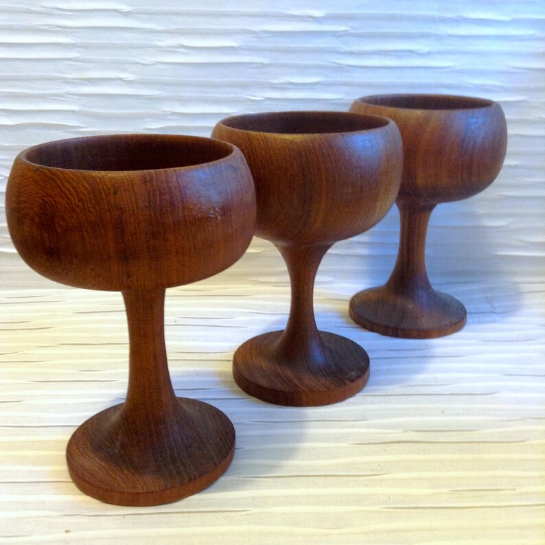Eames ERA. Vintage Mid Century Scandinavian Modern Set of 3 Danish Modern Teak Hand turned Goblets