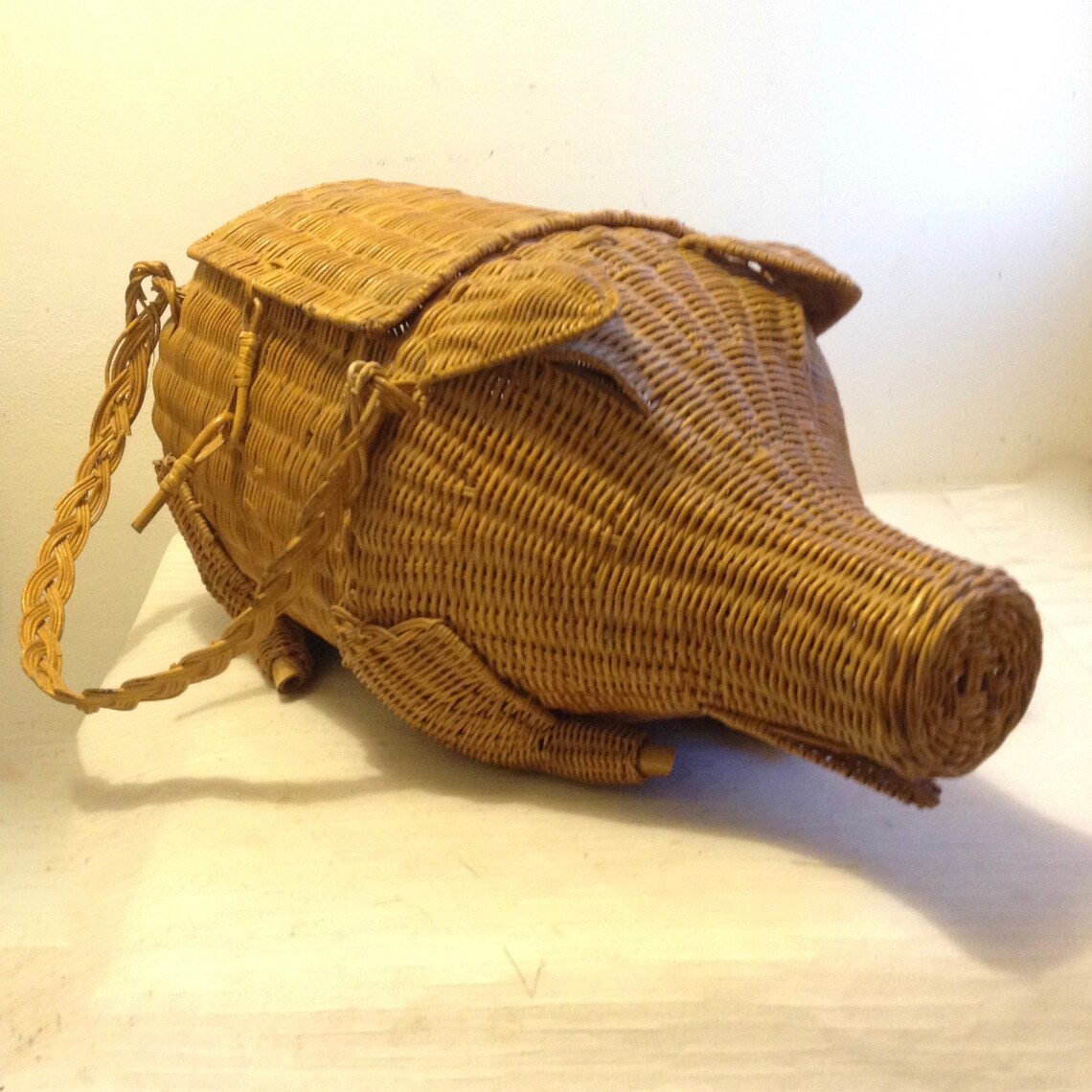 Pig Basket. LARGE Rattan Wicker Handled Basket. Vintage Etsy