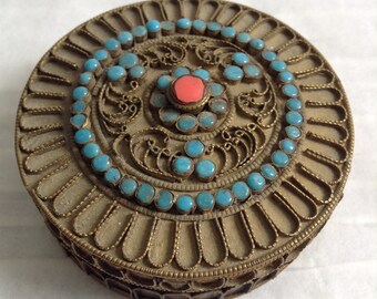 Vintage Tibetan Inlaid Filigree Box with Turquoise & Coral colored Stones.   Boho, Hippie.  Tribal