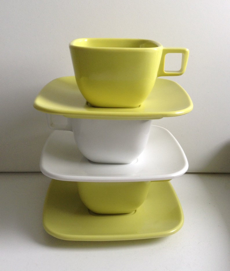 3 Brookpark Melmac Cup & Saucer Sets. Vintage 1950. Lime Green and White. Modern, Mid century. 6 piece, Plastic. image 1