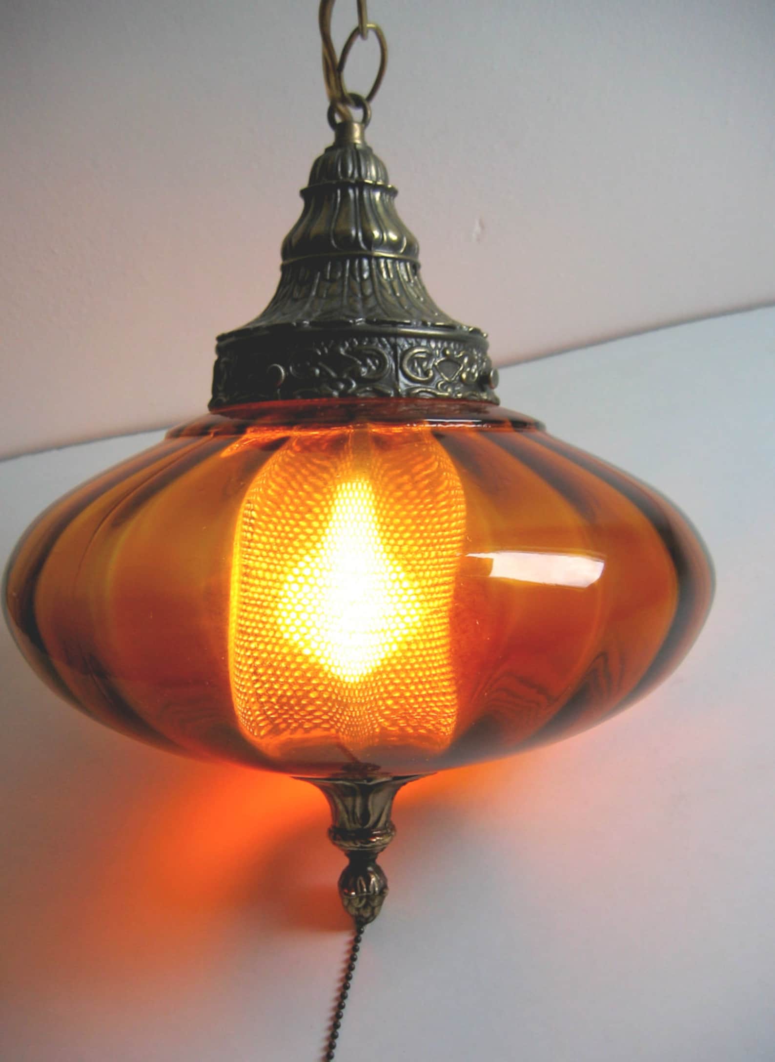 Amber Glass Hanging Pendant Lamp. Vintage 1970's. Etsy