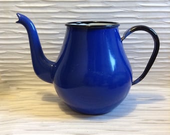 Blue Enamel handled Tea Pot.   Made in Japan.   Mid century modern, Eames era. Vintage 1970.