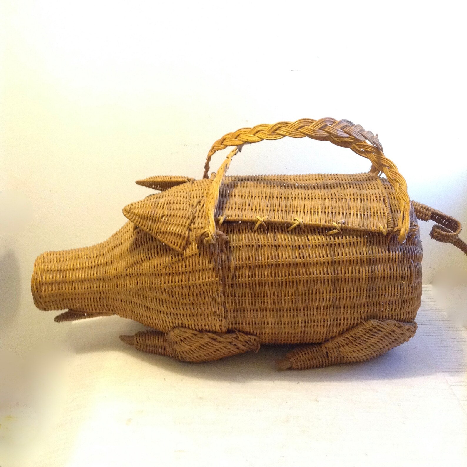 Pig Basket. LARGE Rattan Wicker Handled Basket. Vintage Etsy