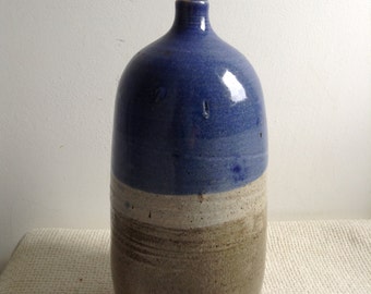 Art Pottery Vase. Huge signed weed pot.  Blue to beige Glaze.  Vintage 1980's.