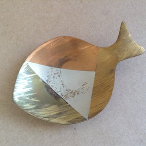 Mixed Metals fish shaped Dish.  E. Cabello, C. A. Mexico.  Los Castillos Style,   Mid Century Modern, Modernist, Eames era. Vintage 1960.