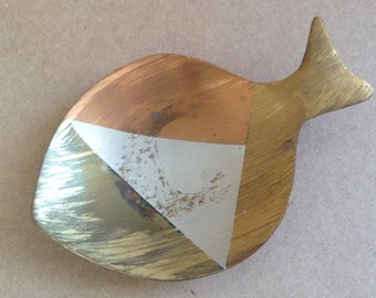 Mixed Metals fish shaped Dish.  E. Cabello, C. A. Mexico.  Los Castillos Style,   Mid Century Modern, Modernist, Eames era. Vintage 1960.