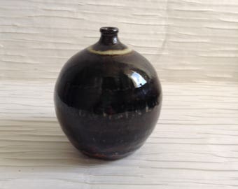 Vintage Modern Art Pottery Vase.  Signed 1960's Weed Pot.   Dark Glaze.