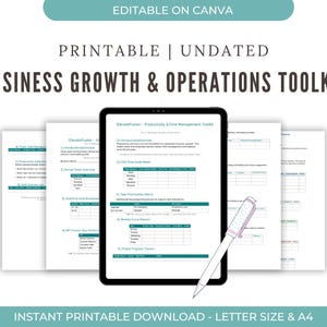 May include: A digital business growth and operations toolkit displayed on a tablet, with several printable documents in the background. A pen rests on the tablet. The text "BUSINESS GROWTH & OPERATIONS TOOLKIT" is visible.