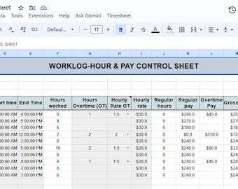 May include: A digital spreadsheet titled "WorkLog-Hour & Pay Control Sheet" displays work hours, pay rates, and deductions. The sheet includes columns for date, hours worked, overtime, and net pay, with data for October and November 2025.