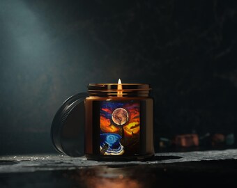 Bougie Murmures au Clair de Lune | Illustration surréaliste d'arbre lunaire | Bougie de soja en pot ambré | Cadeau de décoration spirituelle pour la maison