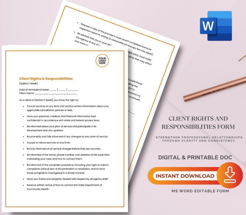 Client Rights and Responsibilities Form, Editable Home Care Business ...