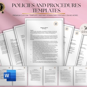 May include: A collection of HR policy templates, including a document with the text "HR Policy" and the Microsoft Word logo. The templates are labeled "Policies and Procedures Templates" and are described as premium, custom, and editable.