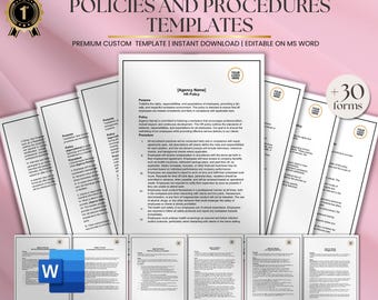 Può includere: Una raccolta di modelli di politiche HR, tra cui un documento con il testo "HR Policy" e il logo di Microsoft Word. I modelli sono etichettati come "Modelli di politiche e procedure" e sono descritti come premium, personalizzati e modificabili.