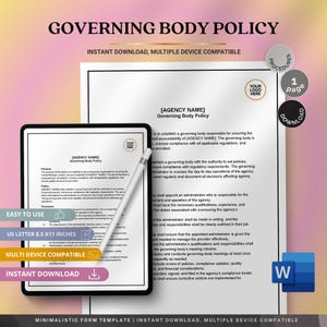 Könnte beinhalten: Ein digitales Dokument mit dem Titel "Governing Body Policy" wird auf einem Tablet und einer gedruckten Seite angezeigt. Das Dokument enthält den Text "Sofortiger Download, kompatibel mit mehreren Geräten" und "Einfach zu bedienen". Das Dokument ist US Letter 21,59 x 27,94 cm.