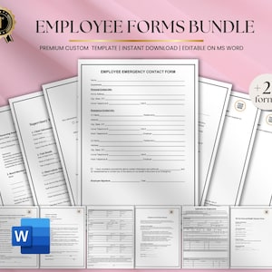 May include: A bundle of employee forms, including an emergency contact form, displayed on a pink background. The forms are white with black text, and the image includes the Microsoft Word logo. The text reads "Employee Forms Bundle".
