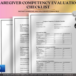 May include: A stack of caregiver competency evaluation checklists. The forms include sections for personal care skills, communication, and safety. Text on the forms includes "Instant Download, Multiple Device Compatible."