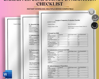 May include: A stack of caregiver competency evaluation checklists. The forms include sections for personal care skills, communication, and safety. Text on the forms includes "Instant Download, Multiple Device Compatible."
