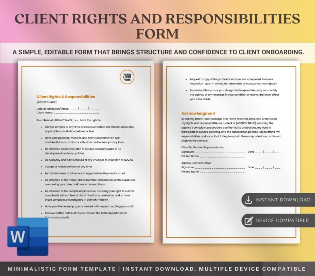 Client Rights and Responsibilities Form, Editable Home Care Business ...