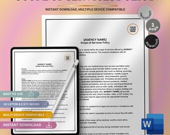 May include: A digital document titled "Scope of Services Policy" with the text "Instant Download, Multiple Device Compatible." The document is displayed on a tablet with a stylus, and a printed version is also visible. The design includes icons and the text "Easy to Use."