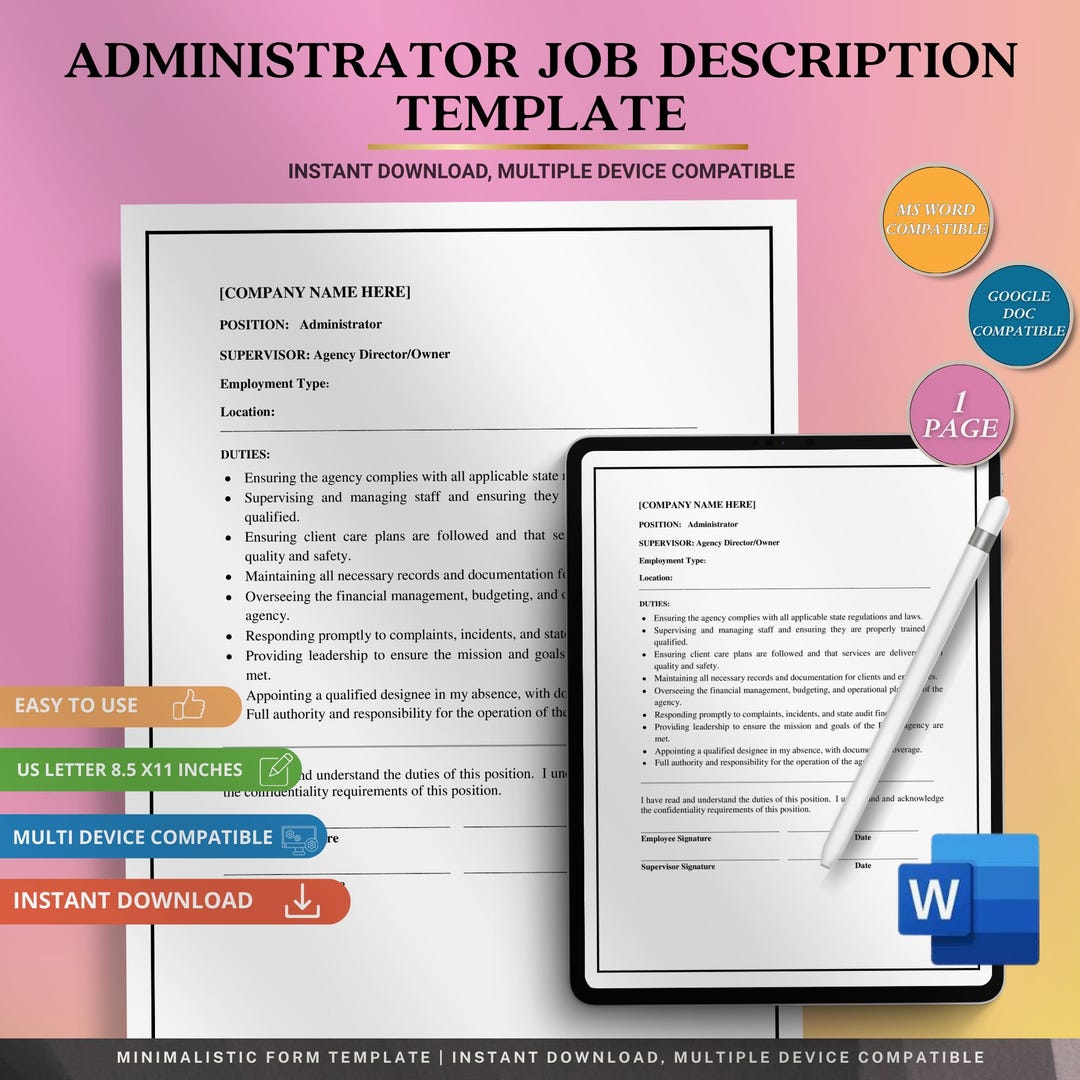 Administrator Job Description Template Word Editable DOC Employee Role ...