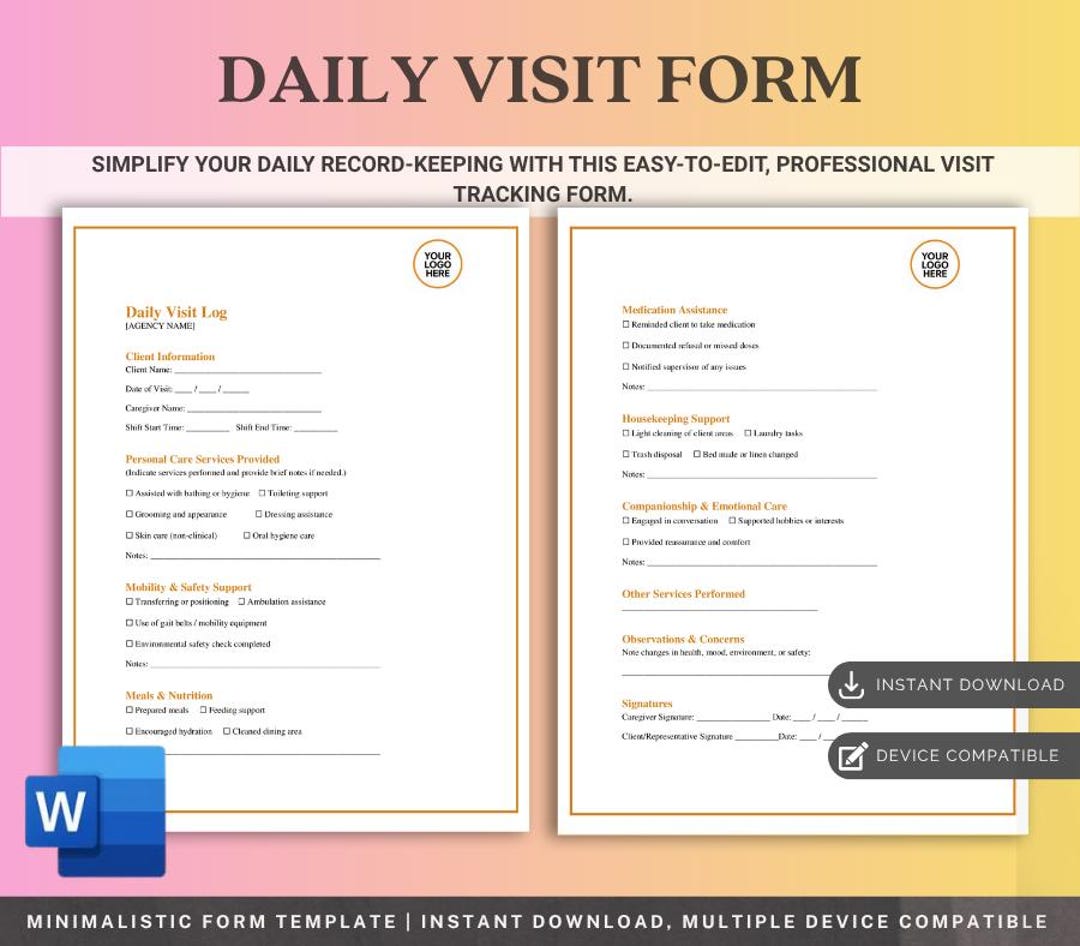Weekly Visit Sheet.pdf Daily Visit Log Template, Caregiver Record Sheet (PDF) Editable, Home ...
